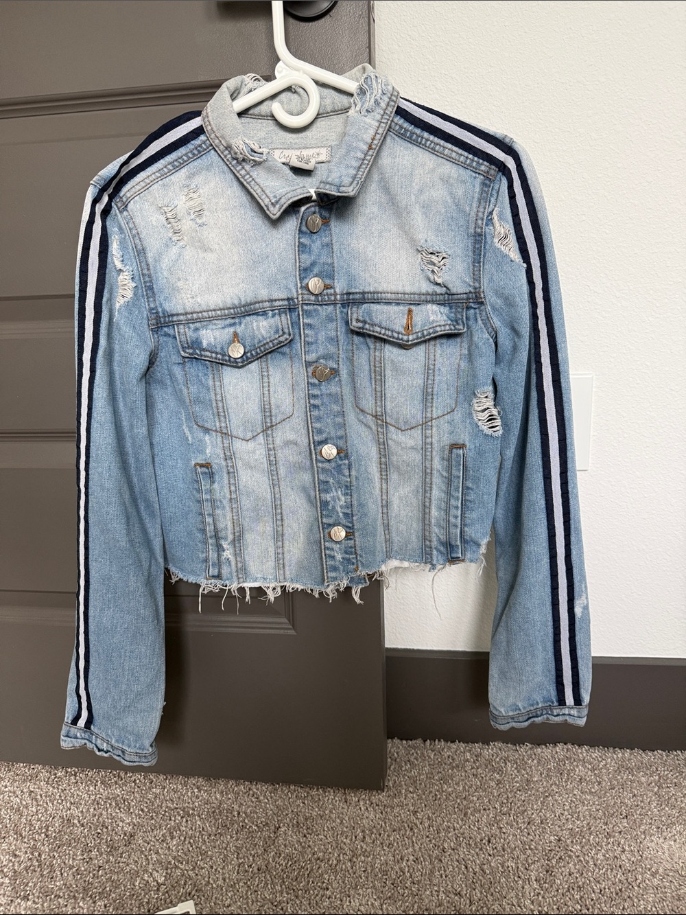 Crave Fame Light Blue Distressed Denim Jacket with Navy Stripes